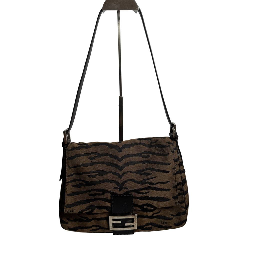 Fendi Mamma Baguette Brown Zebra Print Canvas Shoulder Bag