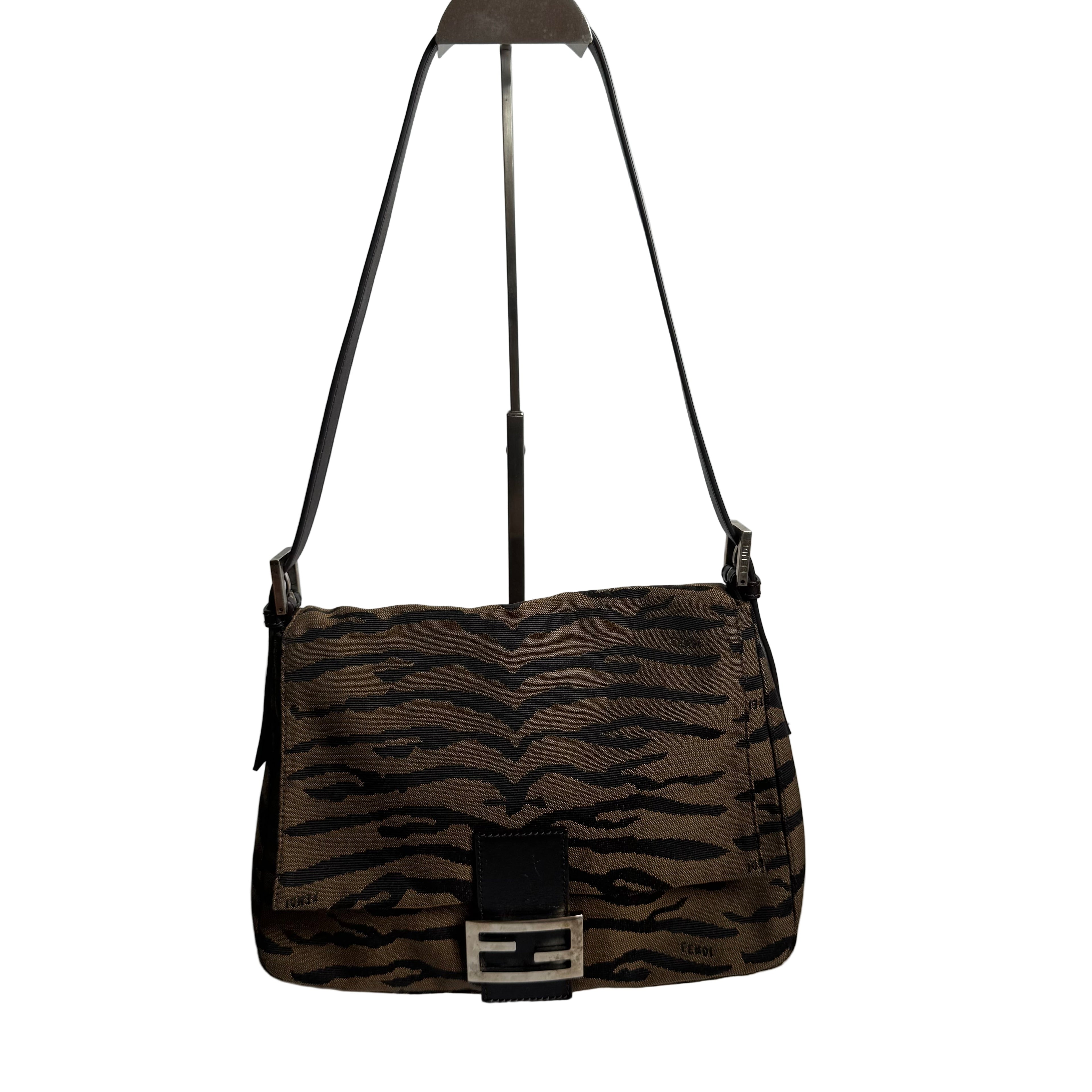 Fendi Mamma Baguette Brown Zebra Print Canvas Shoulder Bag