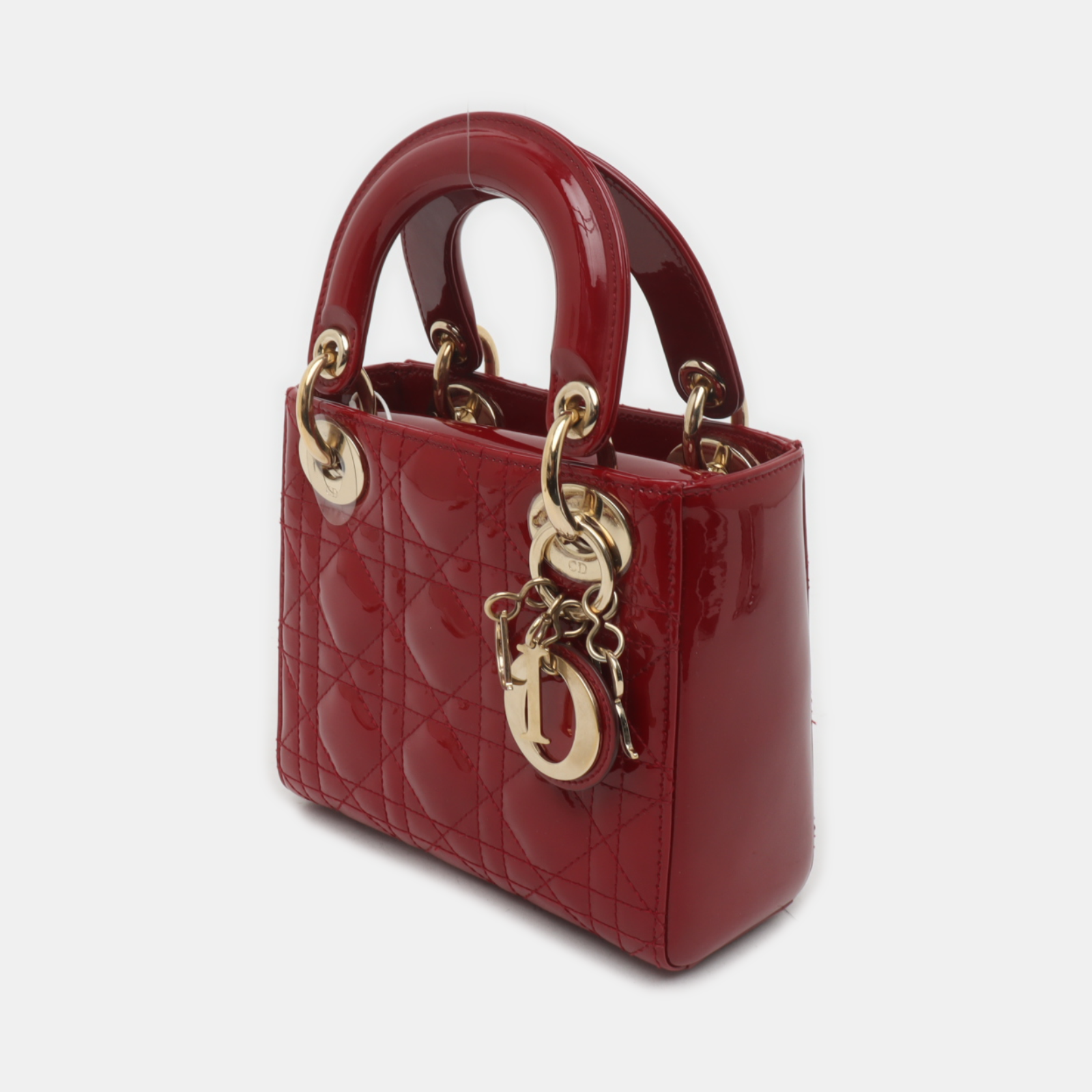 Lady Dior Mini Handbag Burgundy Red Patent Leather Gold-tone Chain Strap