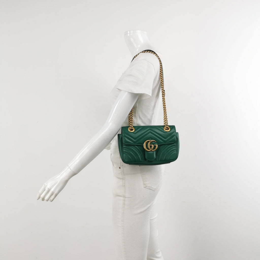 Gucci Marmont Mini Flap Green Calfskin Leather Handbag Gold Hardware