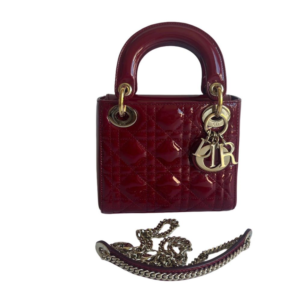 Lady Dior Mini Handbag Burgundy Red Patent Leather Gold-tone Chain Strap 2016