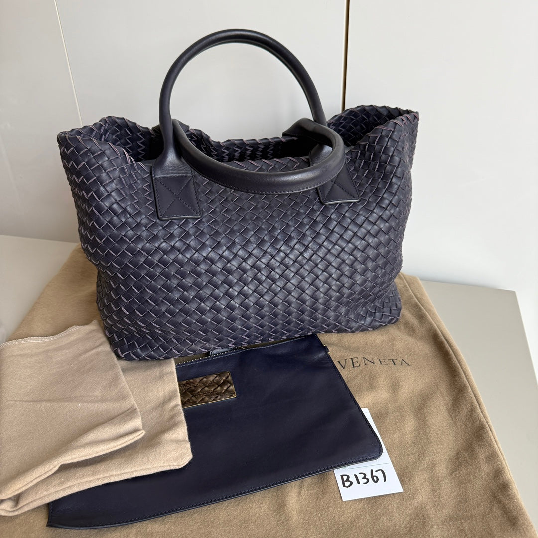 Bottega Veneta Cabat Small Intreccio Leather Tote Bag Navy