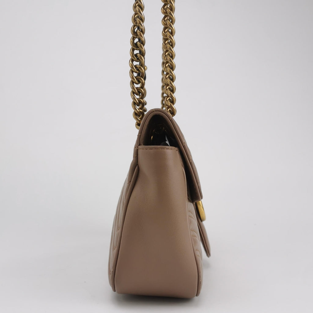 Gucci Marmont Small Flap Beige Calfskin Leather Handbag Gold Hardware