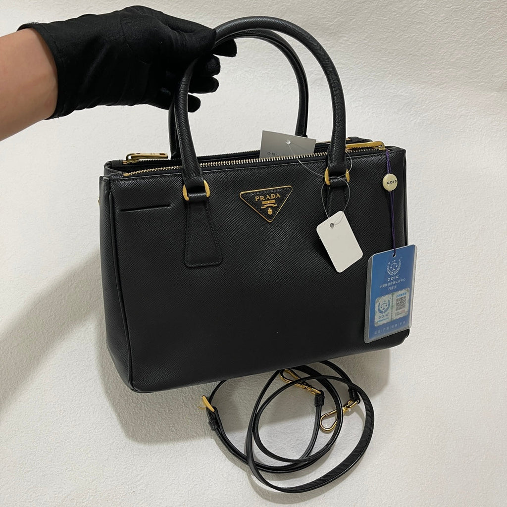 Prada Galleria Saffiano Leather Small Black Handbag with Strap