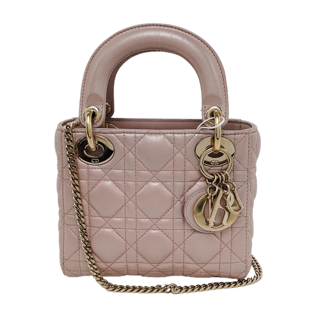 Lady Dior Mini Pearlescent Pink Lambskin Leather Gold HW Chain Strap