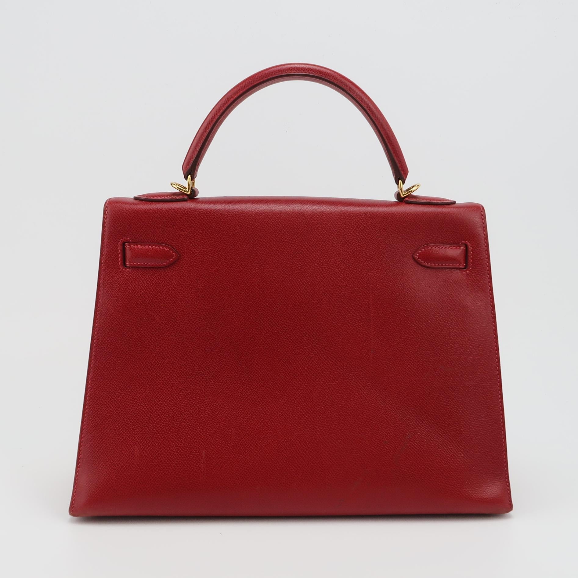 Hermes Kelly 32 Sellier Rouge Vif Red Courchevel Epsom Leather Double Ring Gold HW 2003