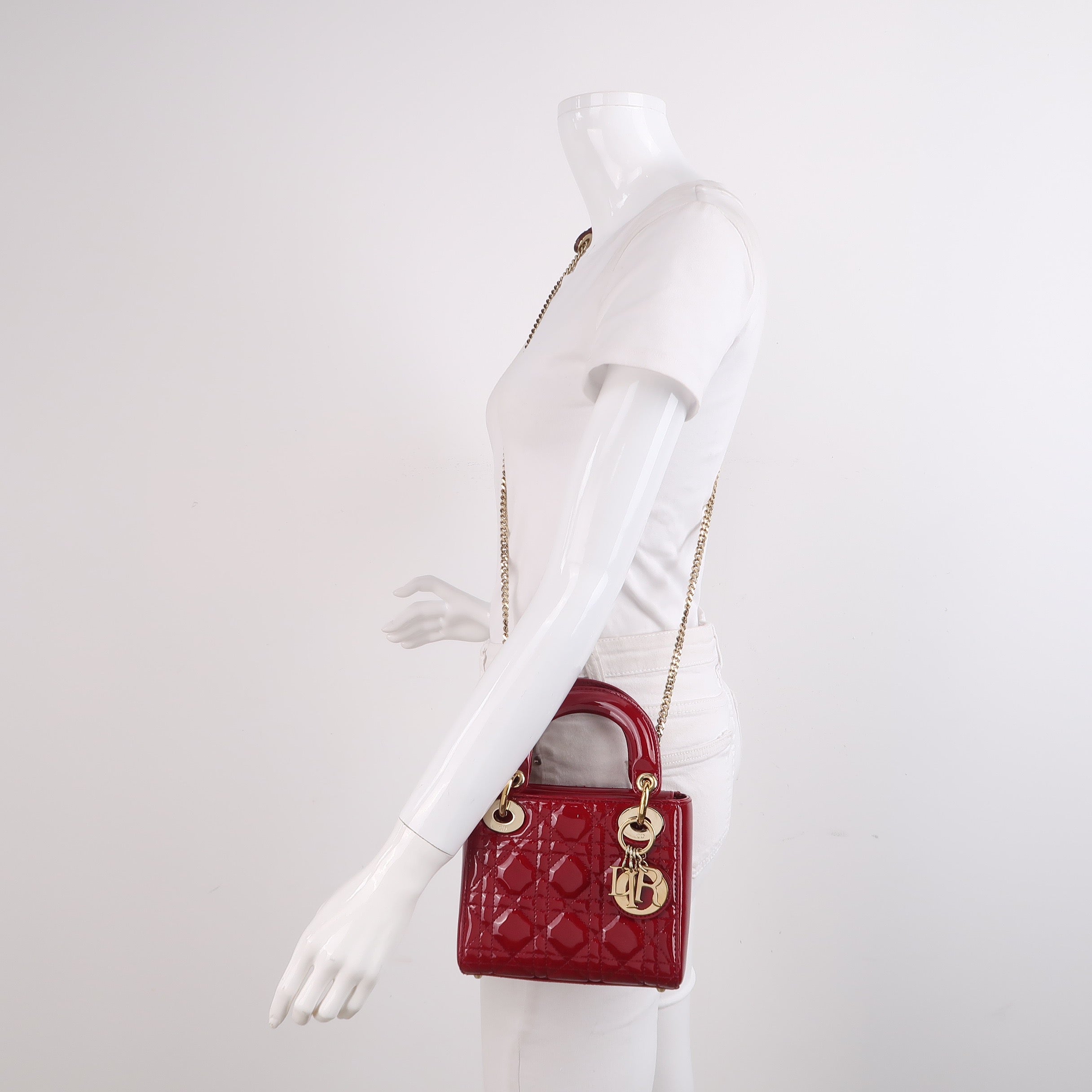 Lady Dior Mini Handbag Burgundy Red Patent Leather Gold-tone Chain Strap