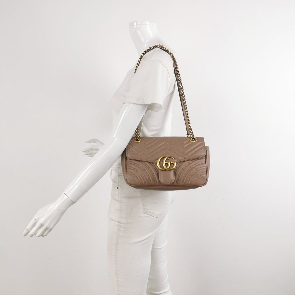 Gucci Marmont Small Flap Beige Calfskin Leather Handbag Gold Hardware