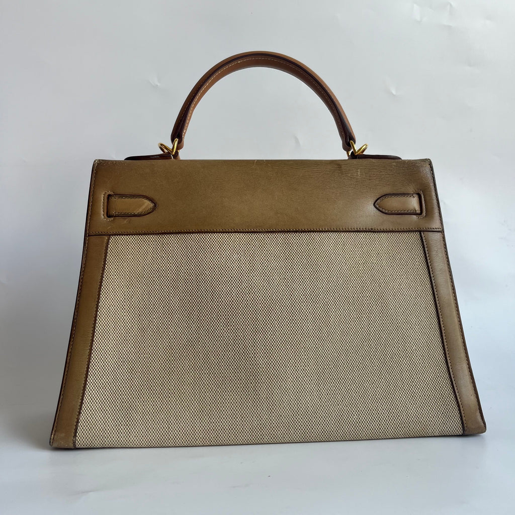 Hermes Kelly 32 Sellier Vintage Natural Leather and Canvas Gold Hardware