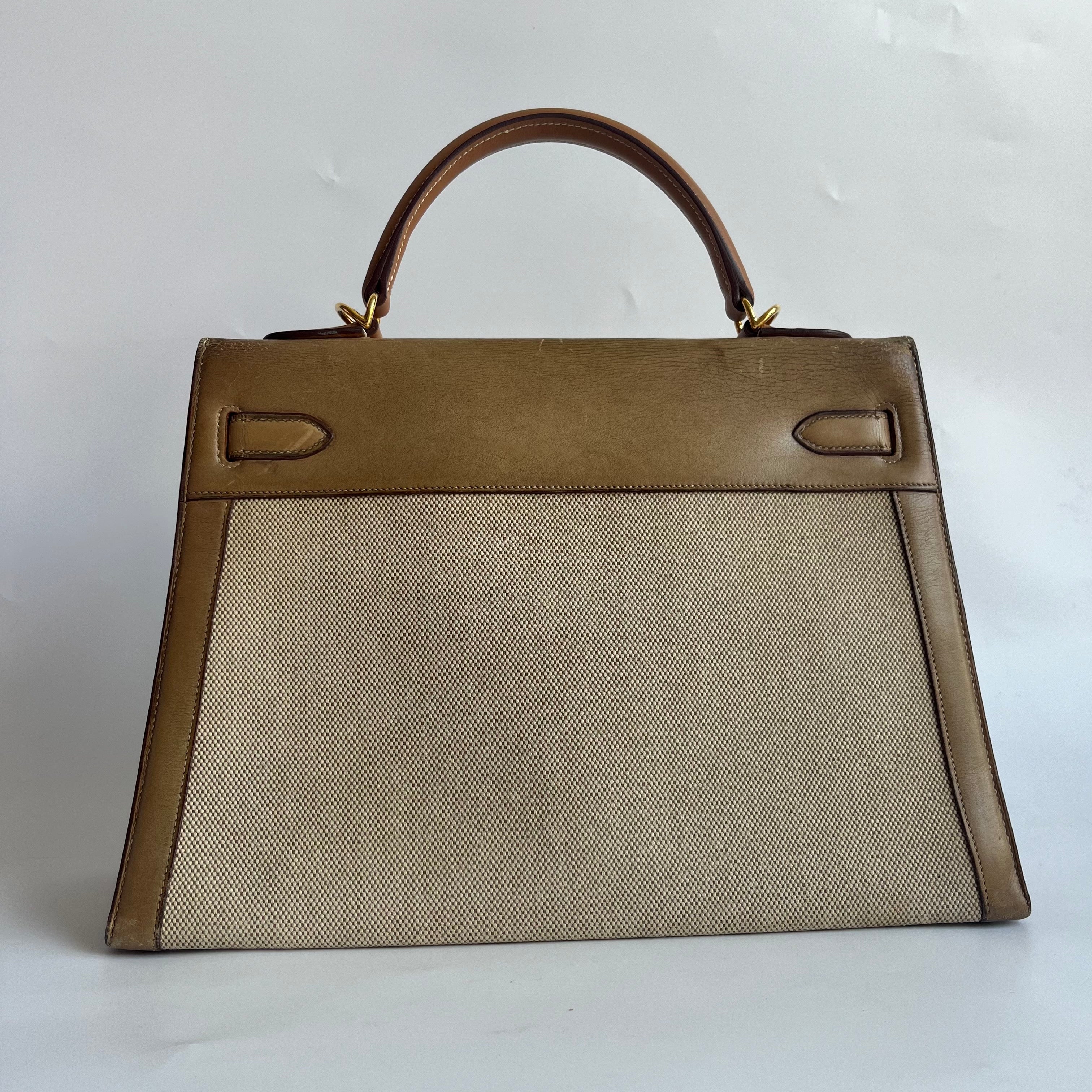 Hermes Kelly 32 Sellier Vintage Natural Leather and Canvas Gold Hardware