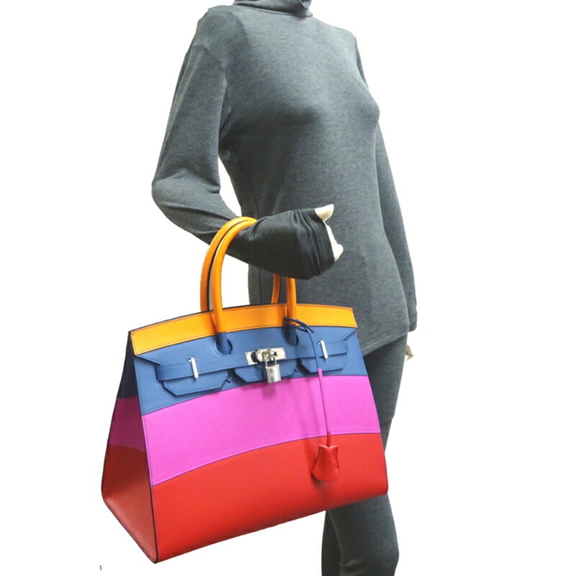 Hermes Birkin Serie 35 Rainbow Z Engraved Women's Handbag Vaux Epson Apricot / Blue Agate Magnolia x Palladium Hardware