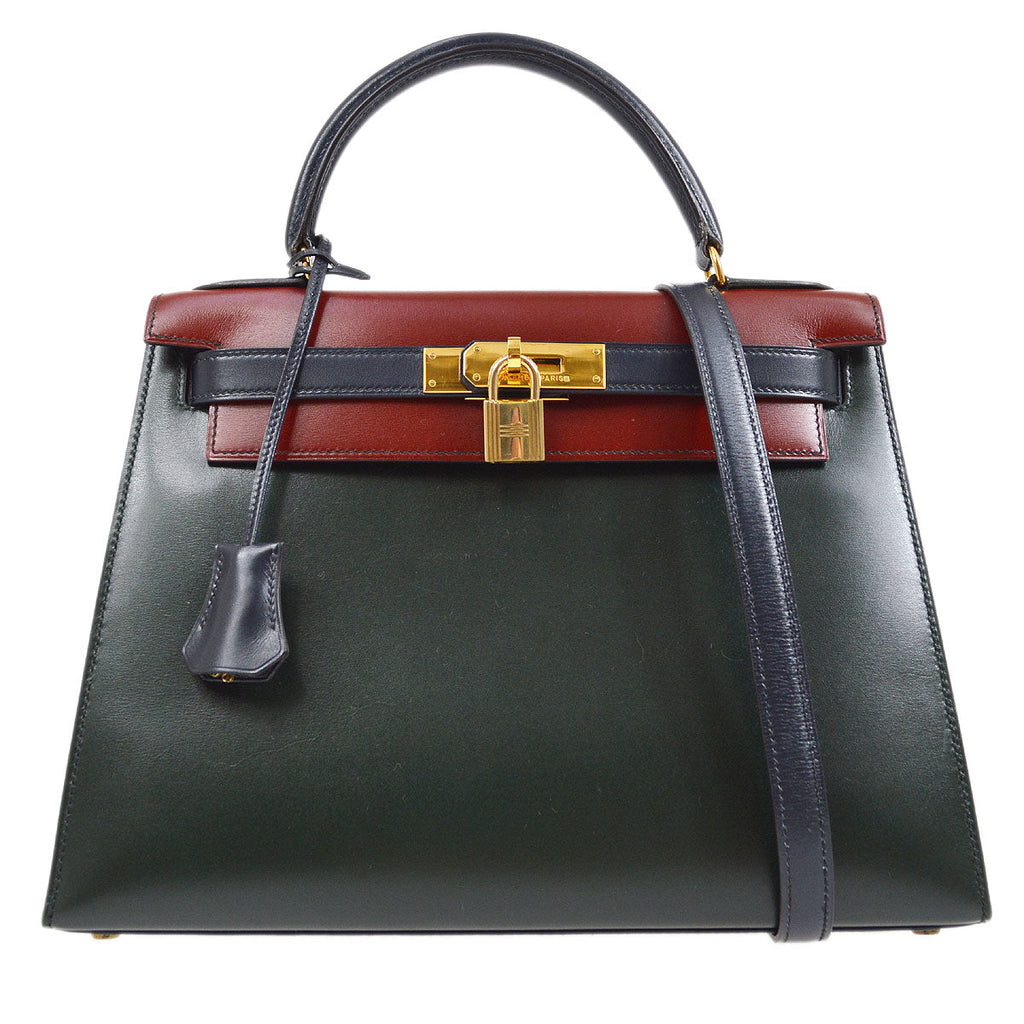 HERMES 1992 KELLY 28 SELLIER Tricolor Box calf