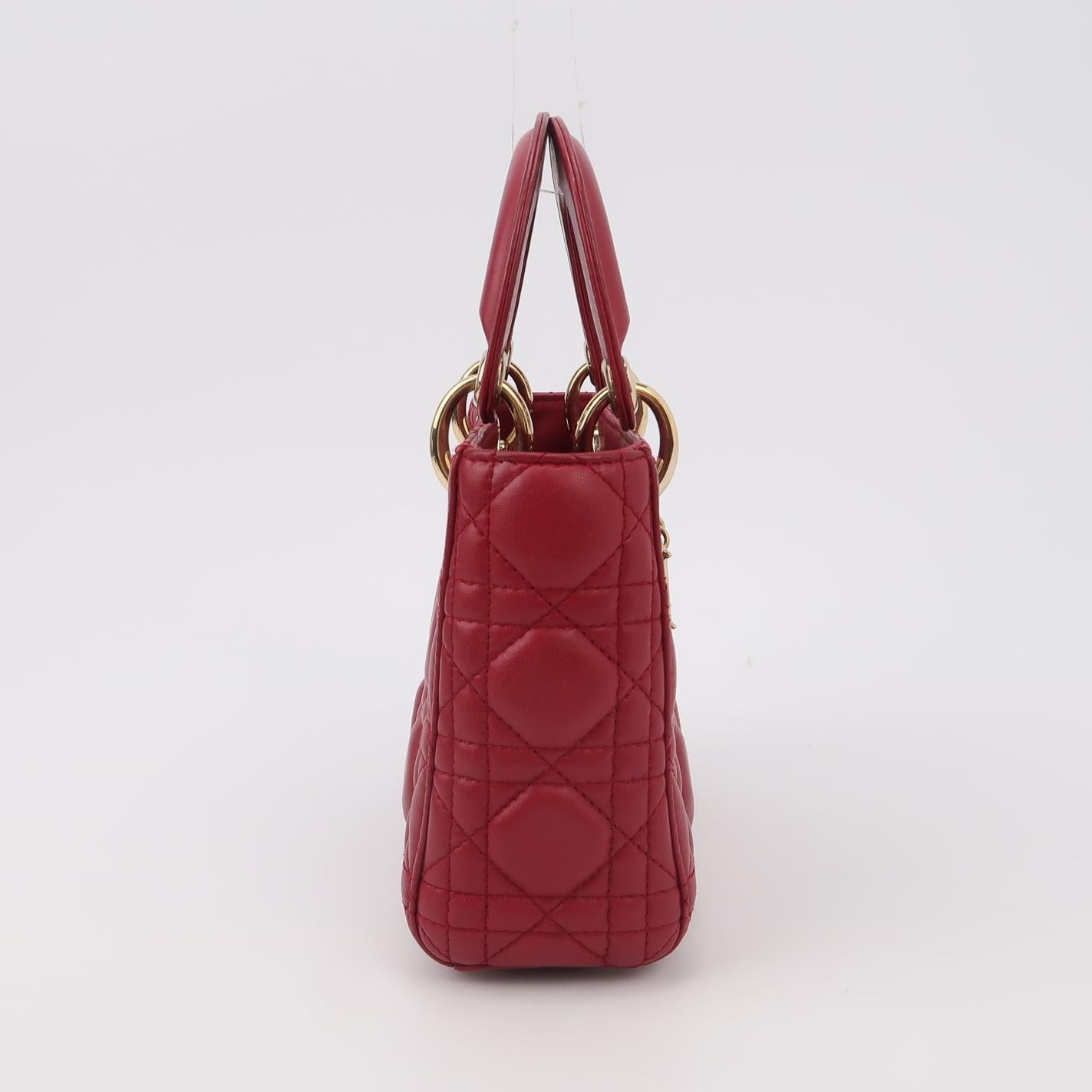 Lady Dior Mini Red Lambskin Leather Gold HW Chain Strap