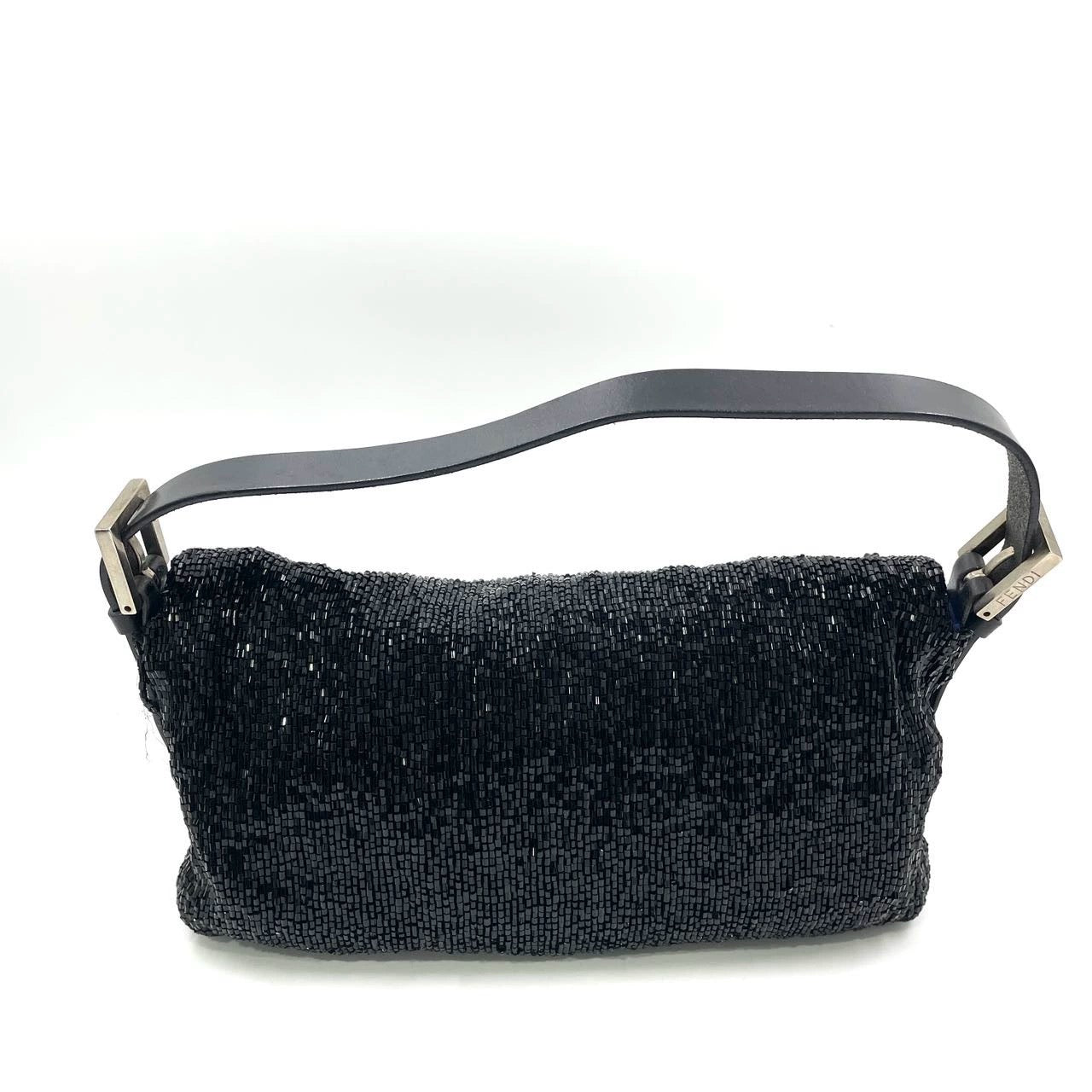 Fendi Baguette Vintage Black Glitter Beads Shoulder Bag Blue Satin Interior