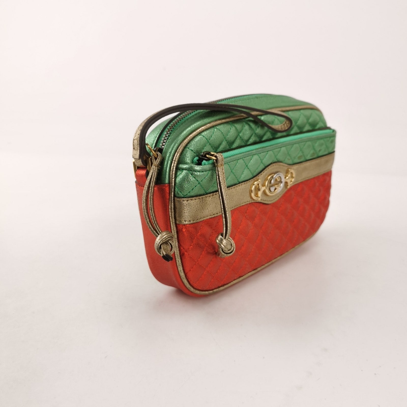 Gucci Red Green Mini Metallic Laminated Trapuntata Leather Horsebit Clutch Pouch