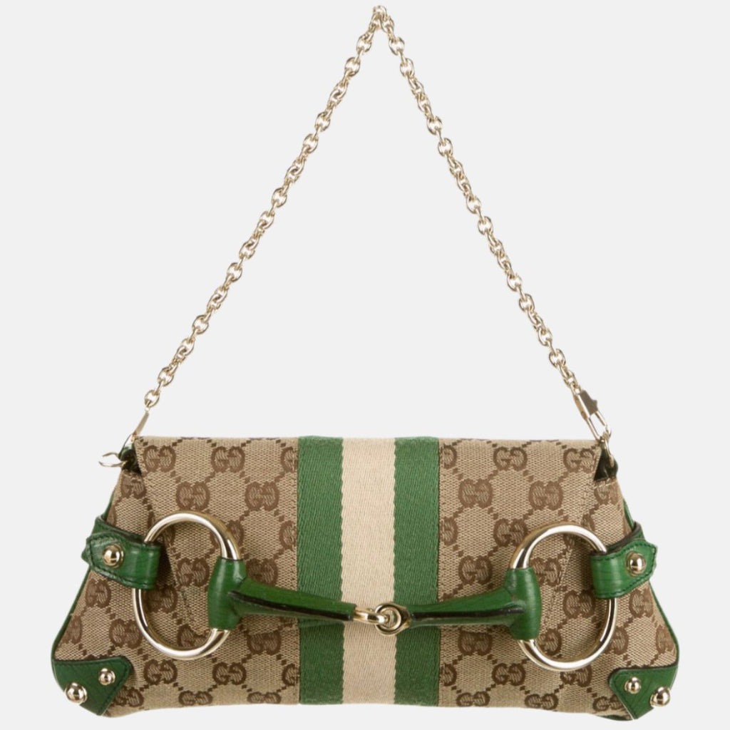 Gucci Horsebit 1955 Chain Bag Gucci Monogram Green Leather and Gold Studs