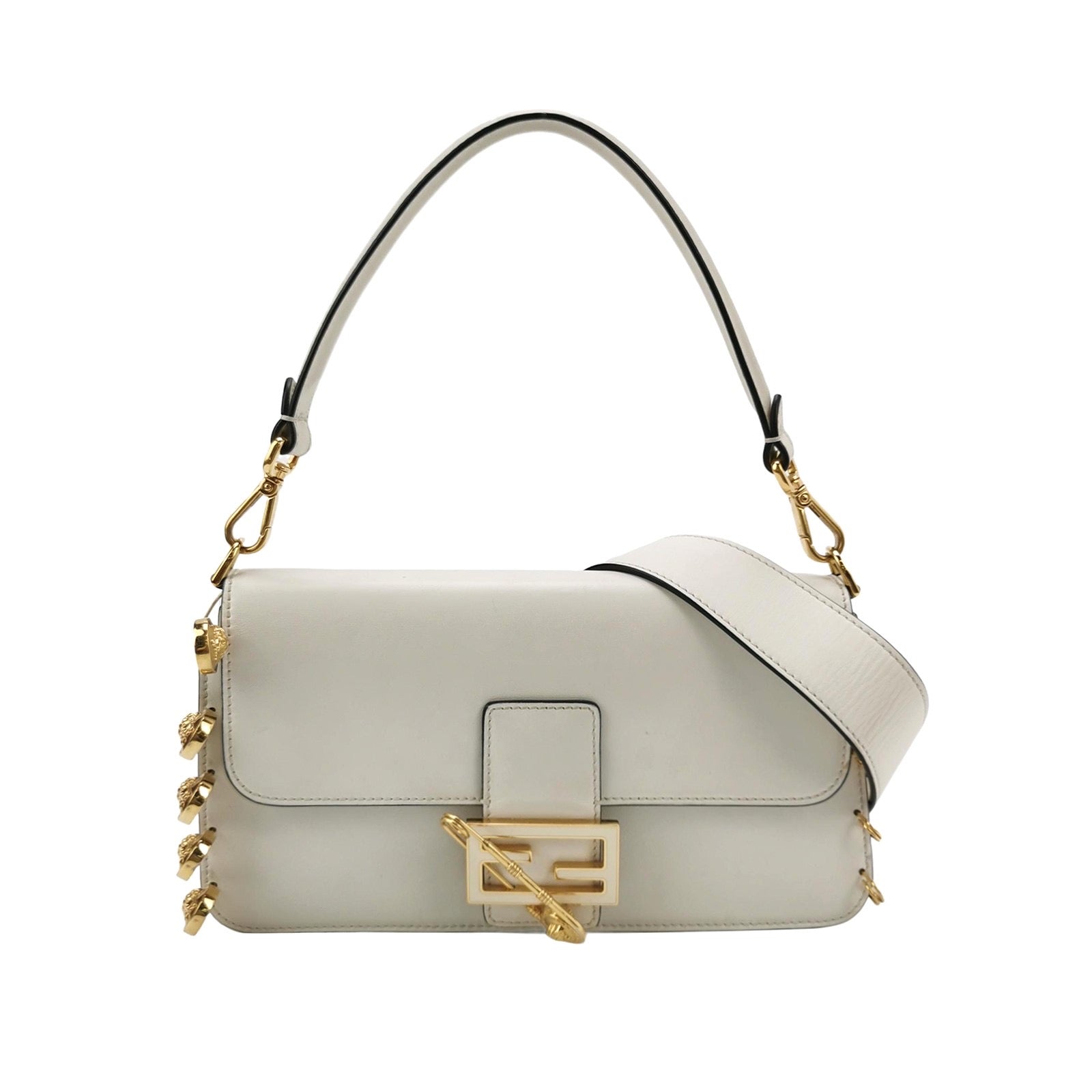 Fendi x Versace Fendace Baguette White Leather Versace Gold Brooch Pins Crossbody Bag Medium