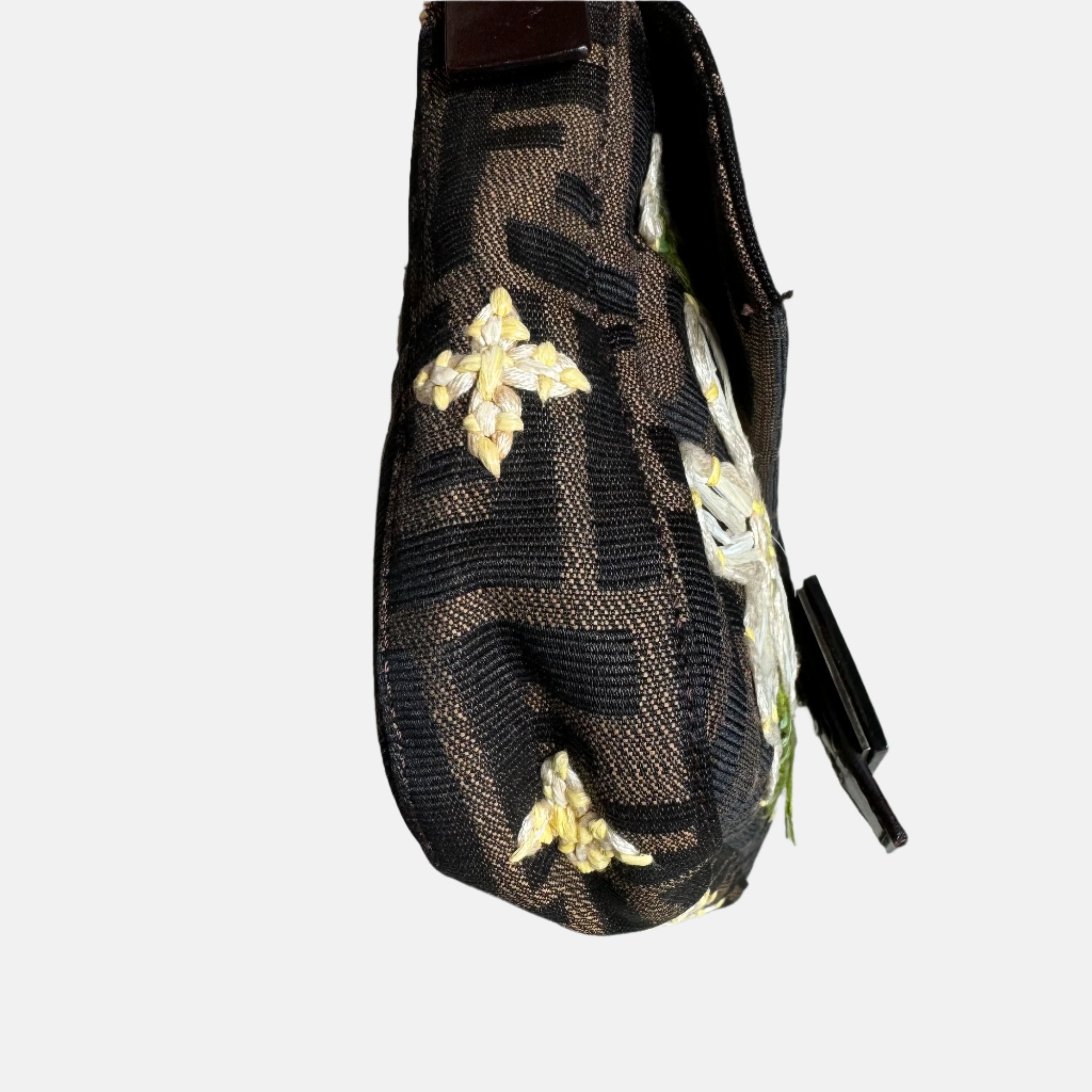 Fendi Baguette Zucca Monogram with Straw Floral Embroidery