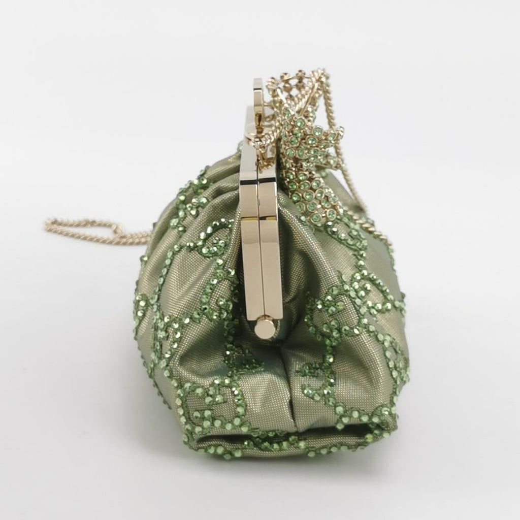 Gucci Mini Crystal Monogram and Bow Green Nylon Clutch With Chain