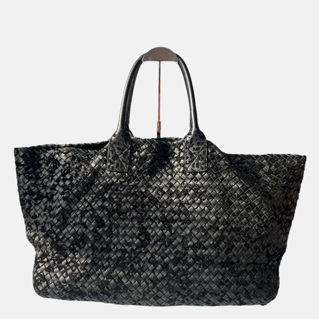 Bottega Veneta Cabat Large Intreccio Black Leather and Velvet 42cm