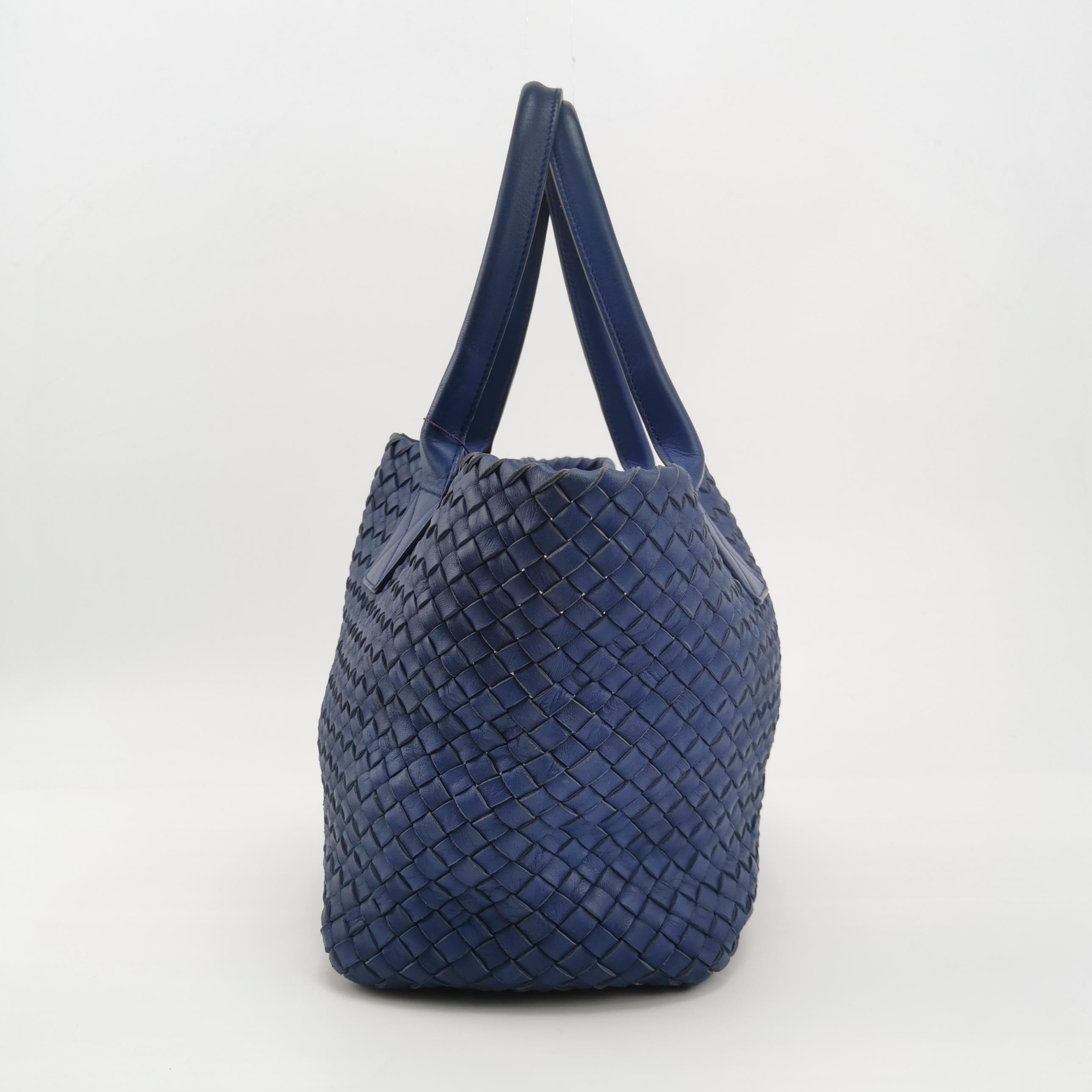 Bottega Veneta Cabat Small Intreccio Leather Tote Bag Navy Blue