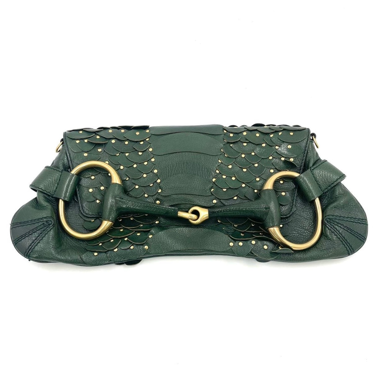 Gucci Horsebit 1955 Chain Green Leather and Gold Studs