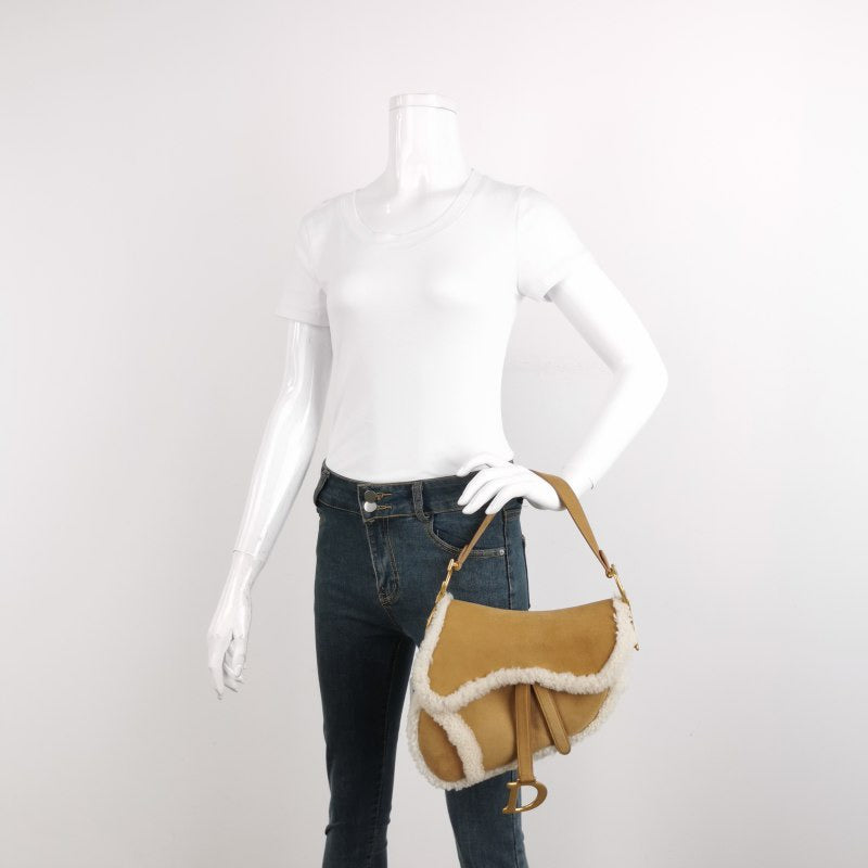 Dior Saddle 2020 Shoulder Bag Shearling Brown and While