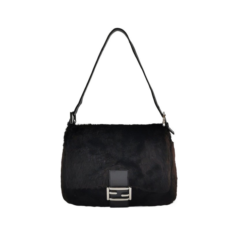 Fendi Mamma Baguette Black Faux Fur Shoulder Bag