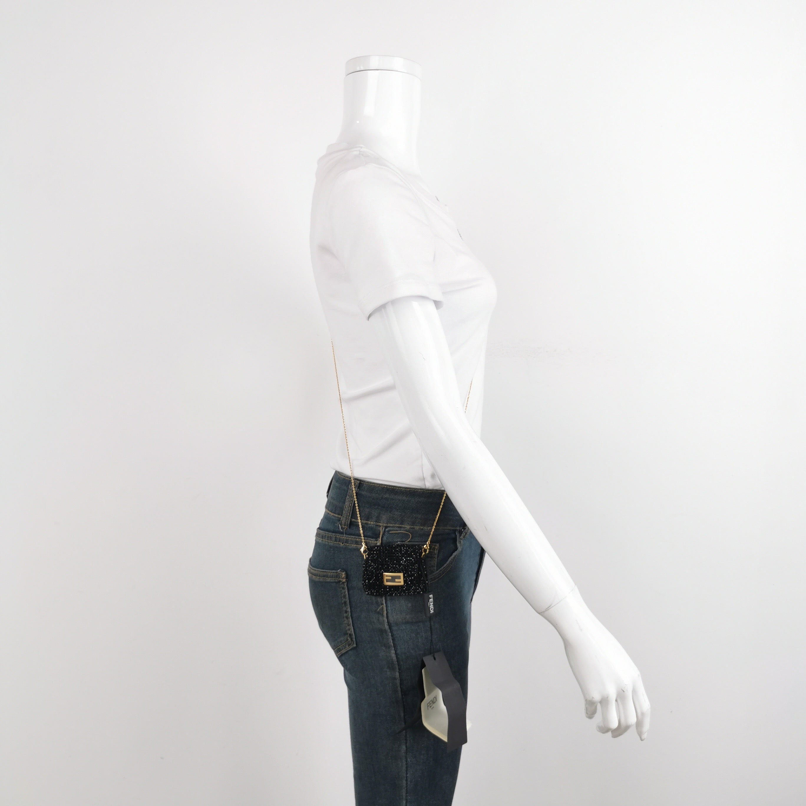 Fendi Nano Baguette Black Beaded Gold Chain Crossbody Purse