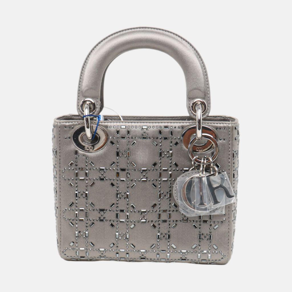 Lady Dior Mini Grey Silk with Crystals Silver Hardware