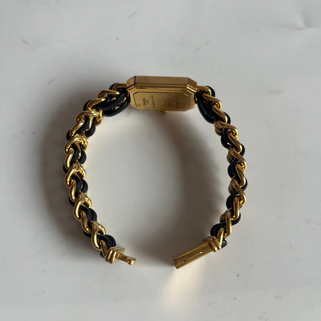 CHANEL 1987 Vintage PREMIERE Watch L Black Leather and 24KT Yellow Gold Plated