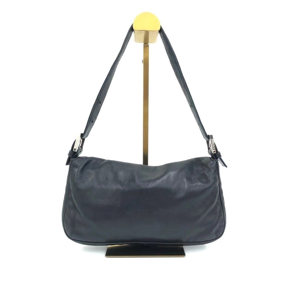 Fendi Baguette Black Lambskin Leather Shoulder Bag Green Enamel Buckle