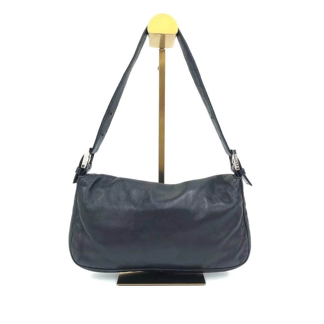 Fendi Baguette Black Lambskin Leather Shoulder Bag Green Enamel Buckle