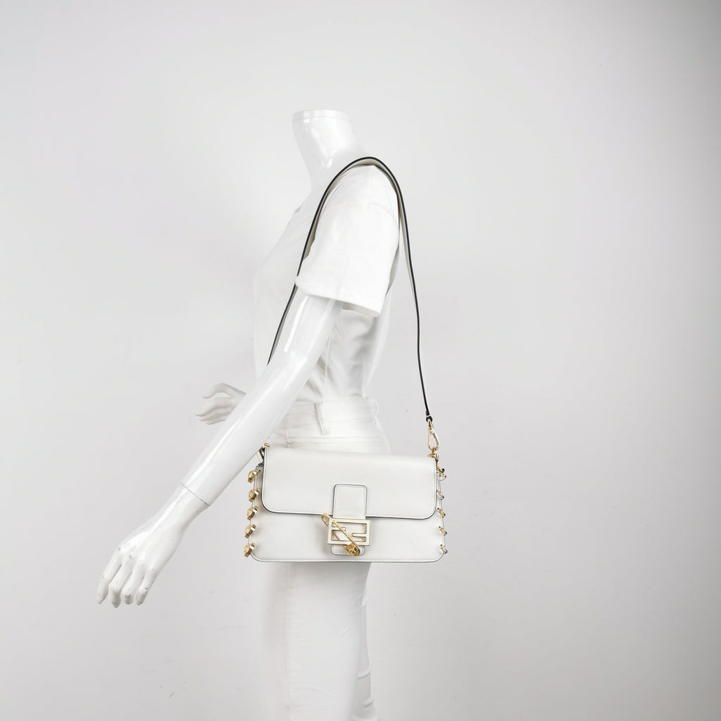 Fendi x Versace Fendace Baguette White Leather Versace Gold Brooch Pins Crossbody Bag Medium
