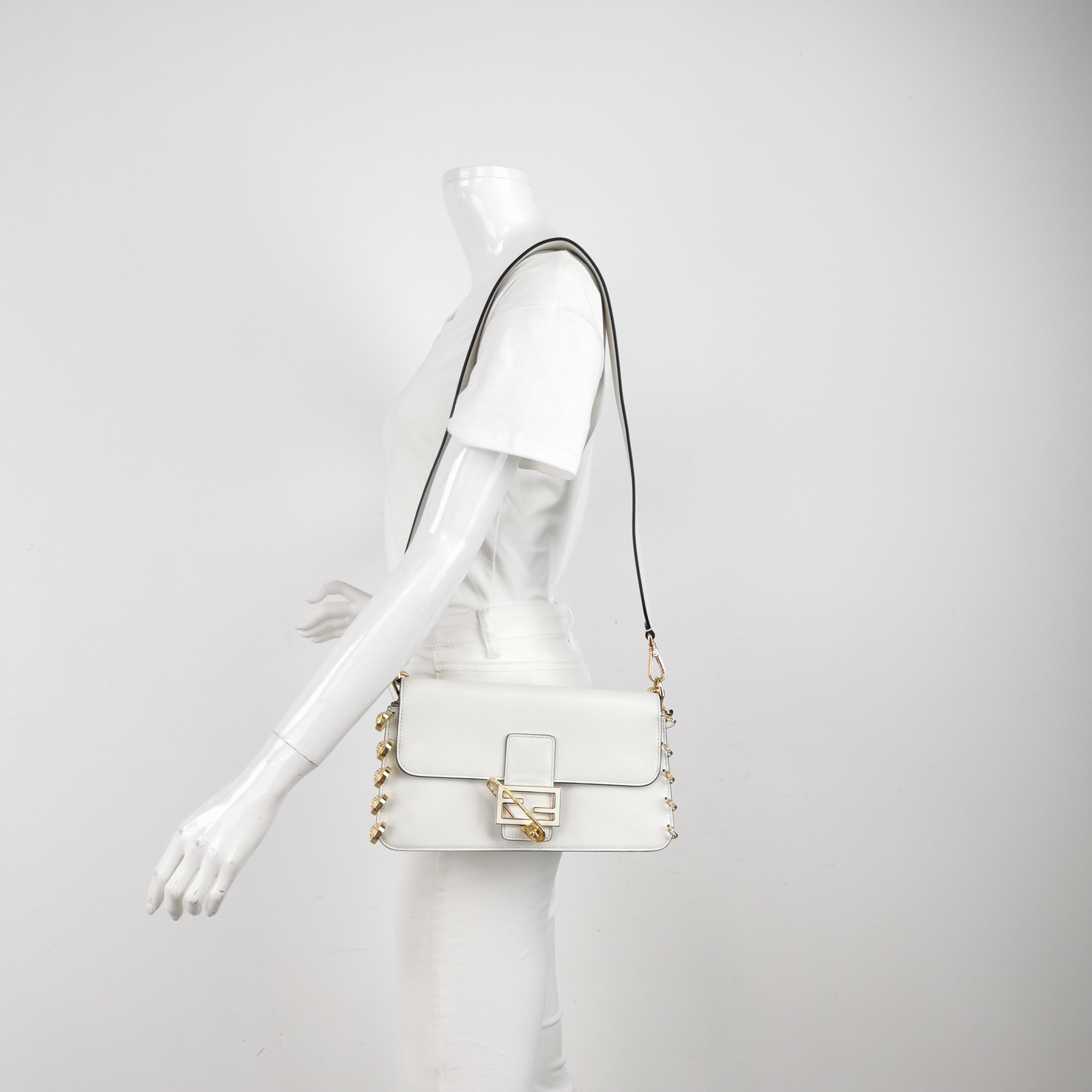 Fendi x Versace Fendace Baguette White Leather Versace Gold Brooch Pins Crossbody Bag Medium