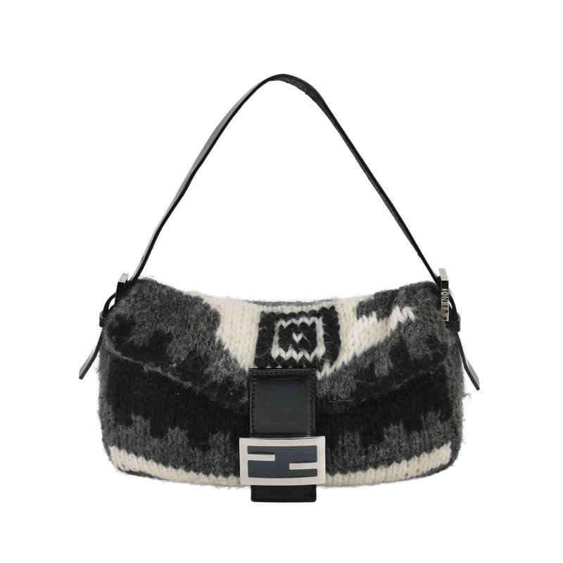 Fendi Baguette Bag Grey and White Wool Knit Shoulder Bag