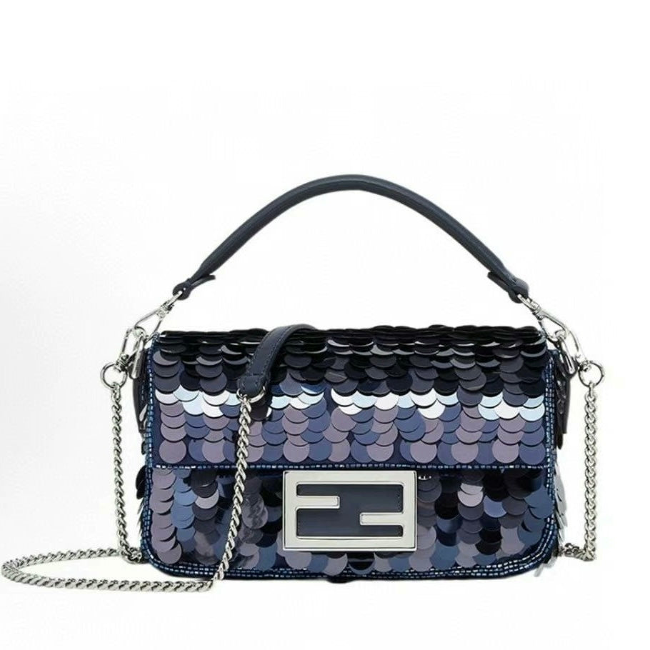 Fendi Baguette Mini Navy Sequins Chain Strap Crossbody Bag