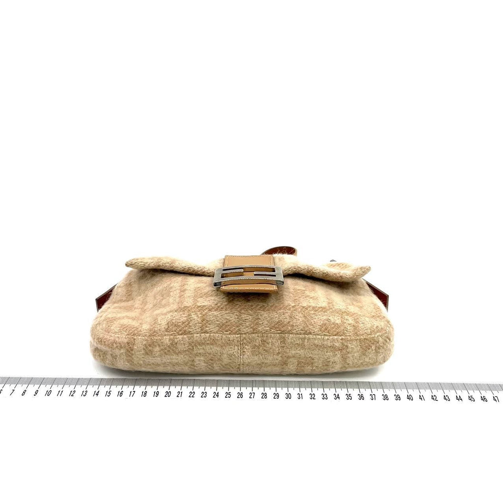Fendi Baguette Beige Zucca Print Wool Leather Shoulder Bag