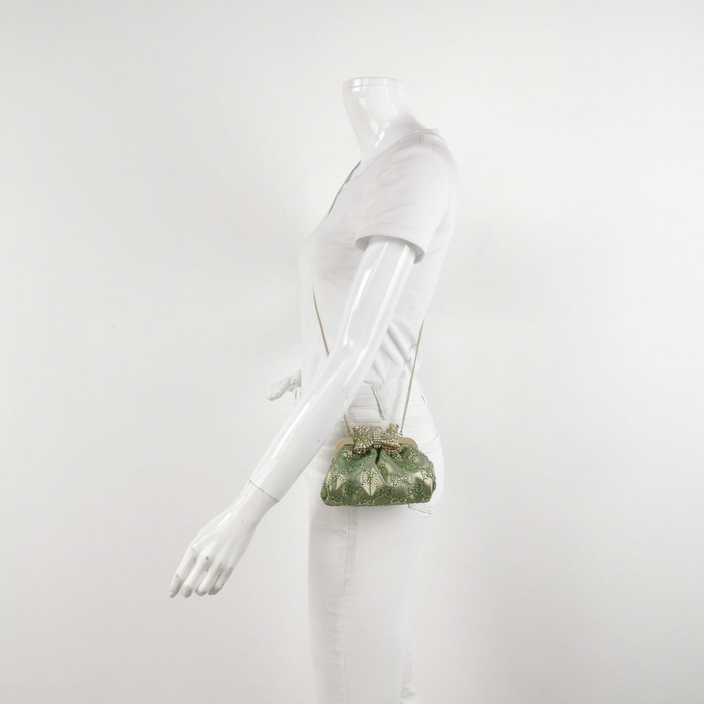 Gucci Mini Crystal Monogram and Bow Green Nylon Clutch With Chain