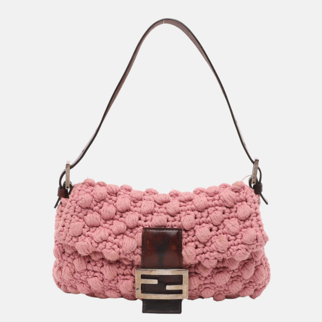 Fendi Baguette Bag Pink Crochet Knit Wool Pompom Shoulder Bag