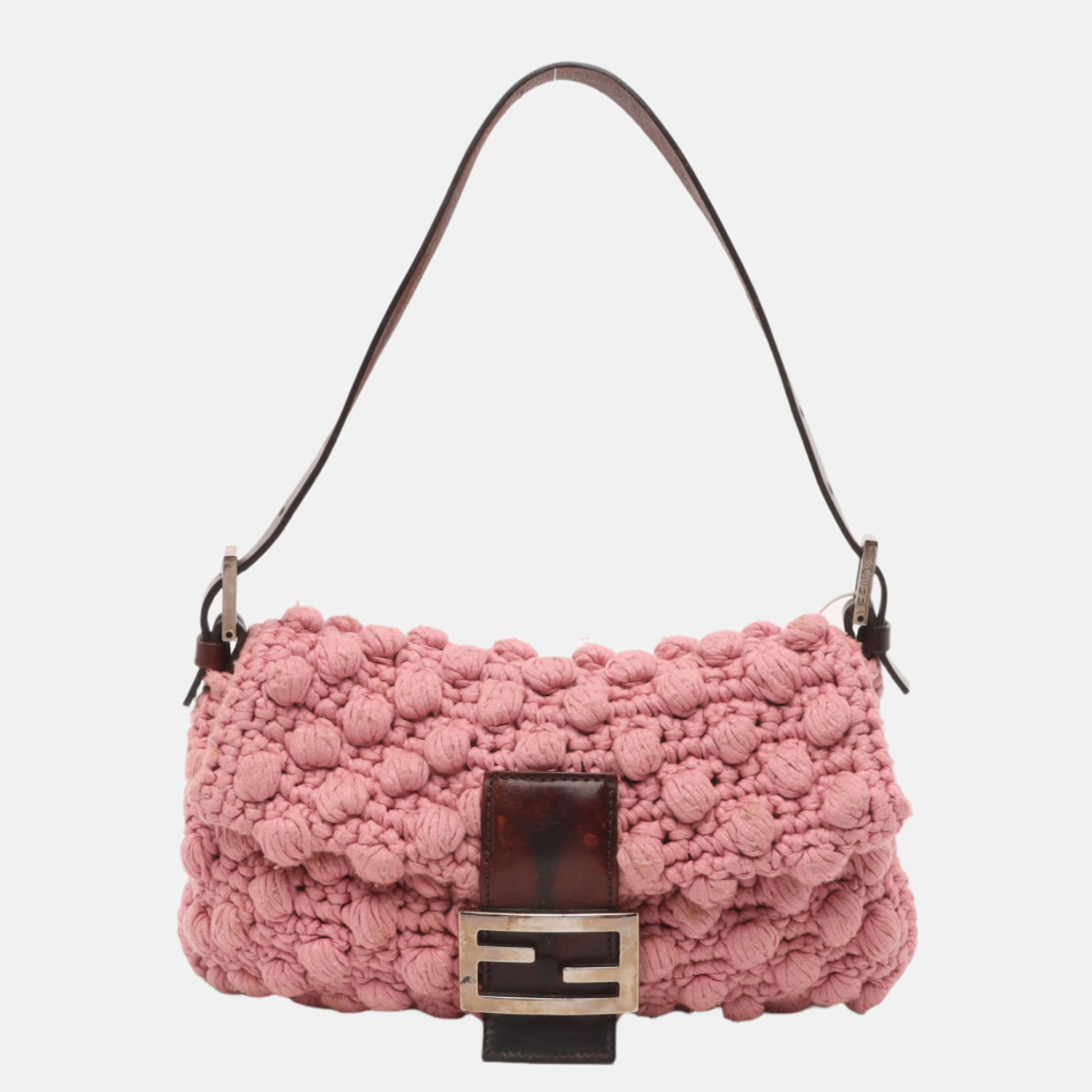 Fendi Baguette Bag Pink Crochet Knit Wool Pompom Shoulder Bag