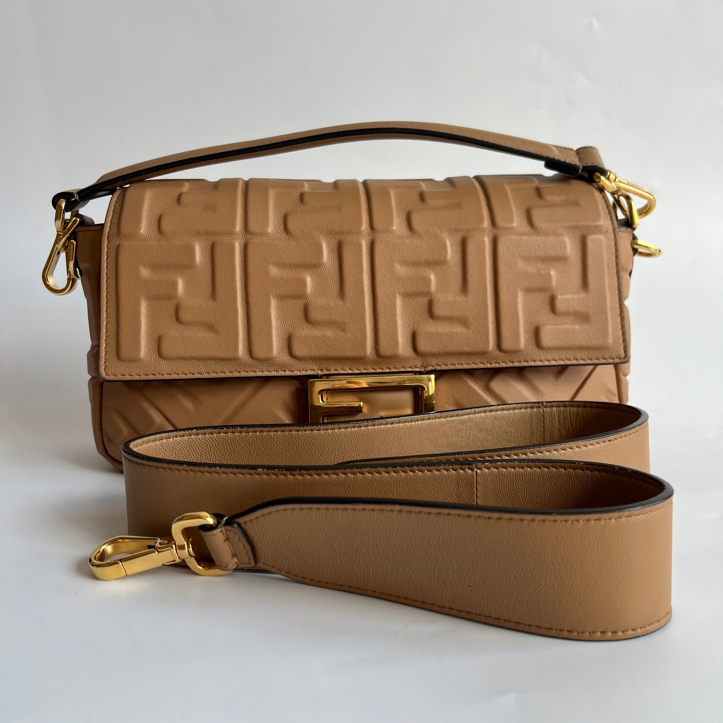 Fendi Baguette Caramel Tan Brown Lambskin Leather Crossbody Bag Medium