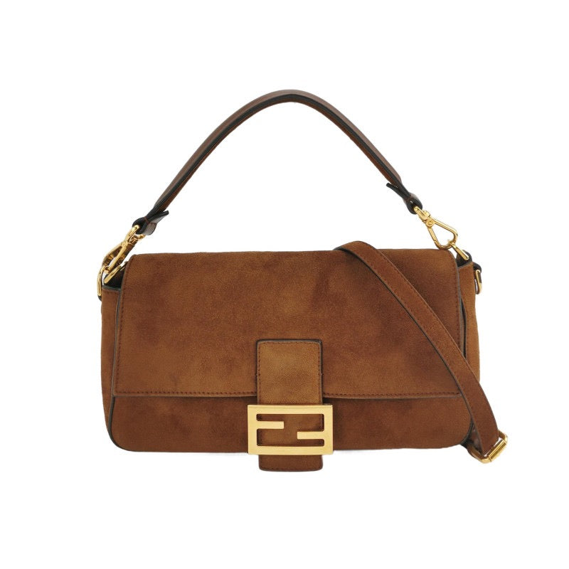 Fendi Baguette Selleria Suede Leather Crossbody Bag Medium Caramel Tan