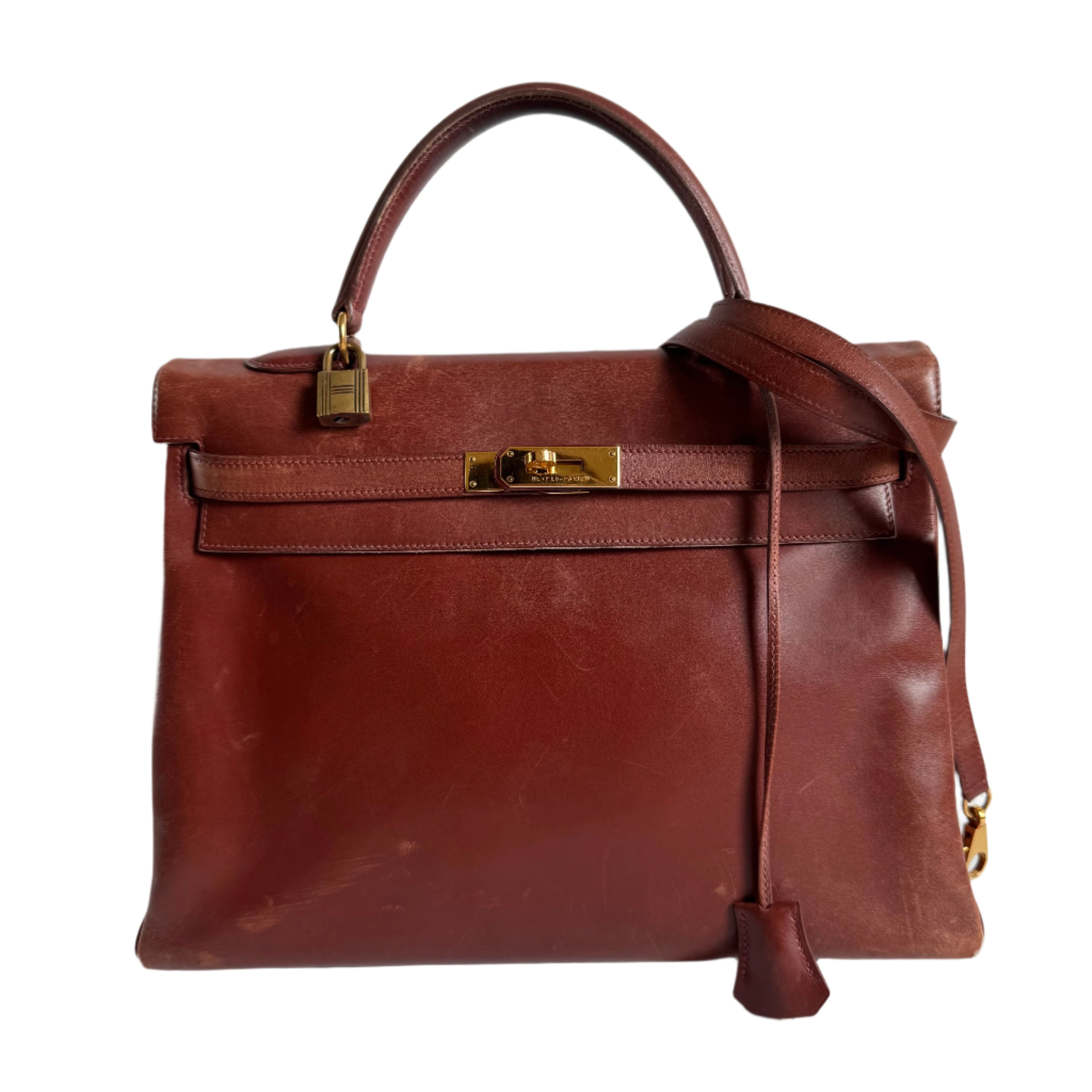 Hermes Kelly 35 Vintage Brown Box Calfskin Leather Gold Hardware 1995 With Strap Lock Key n Clochette