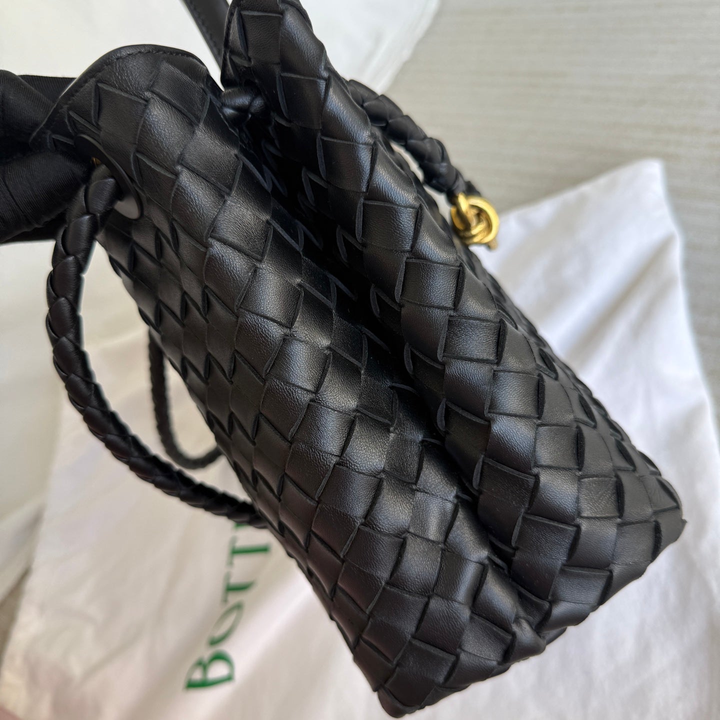 Bottega Veneta Andiamo Medium Black Intrecciato Leather Handbag