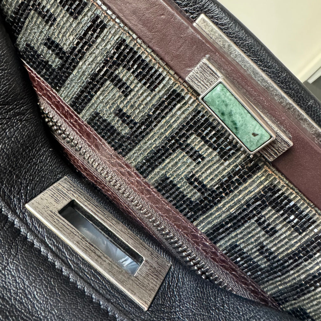Fendi Peekaboo Large Black Calfskin Leather Glitter Beaded Zucca Interior