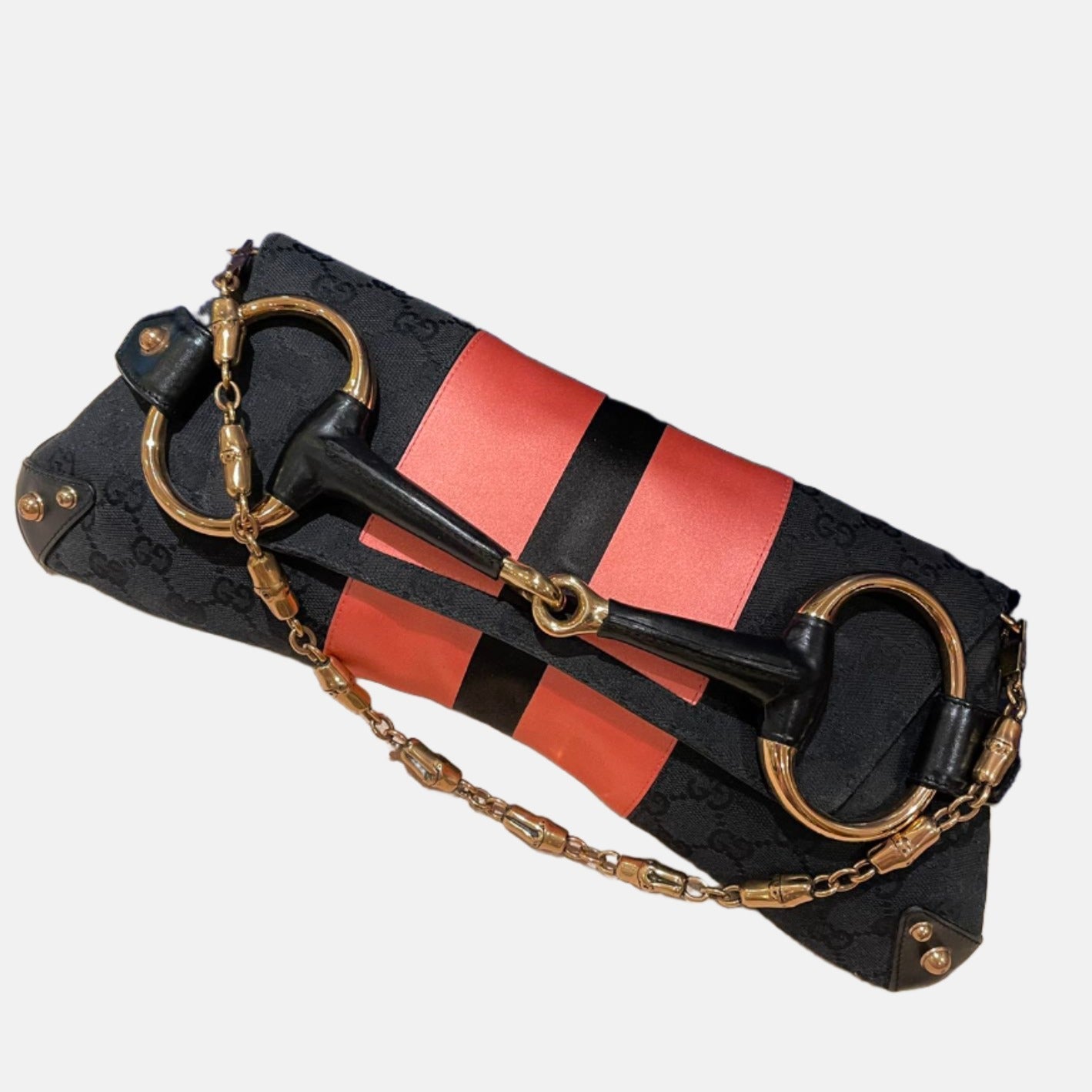 Gucci Horsebit 1955 Chain Large Shoulder Bag Black Monogram with Pink Silk