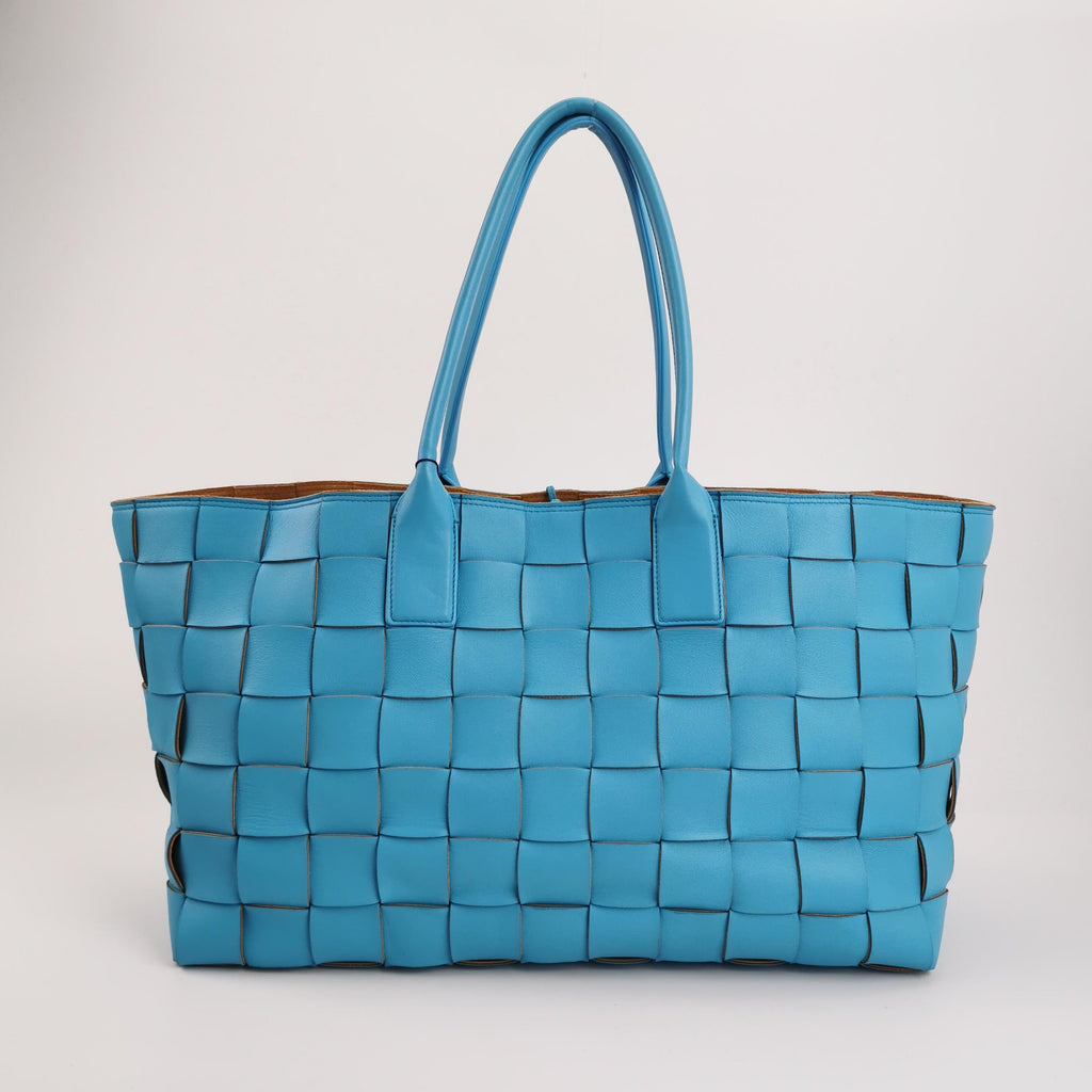 Bottega Veneta Cabat Large Blue Wide Intreccio Leather Brown Suede Tote Bag