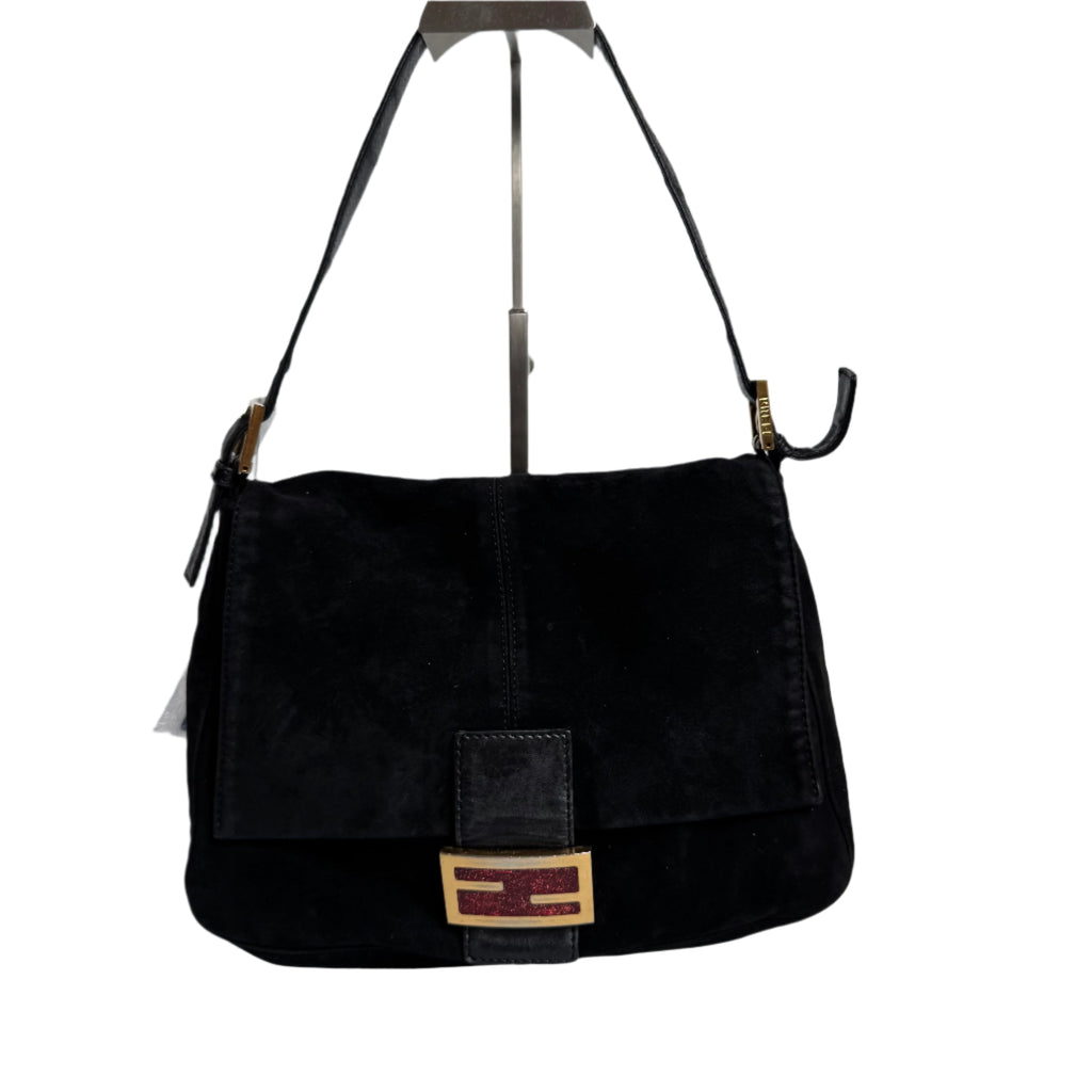 Fendi Mamma Baguette Black Suede Leather Red Buckle