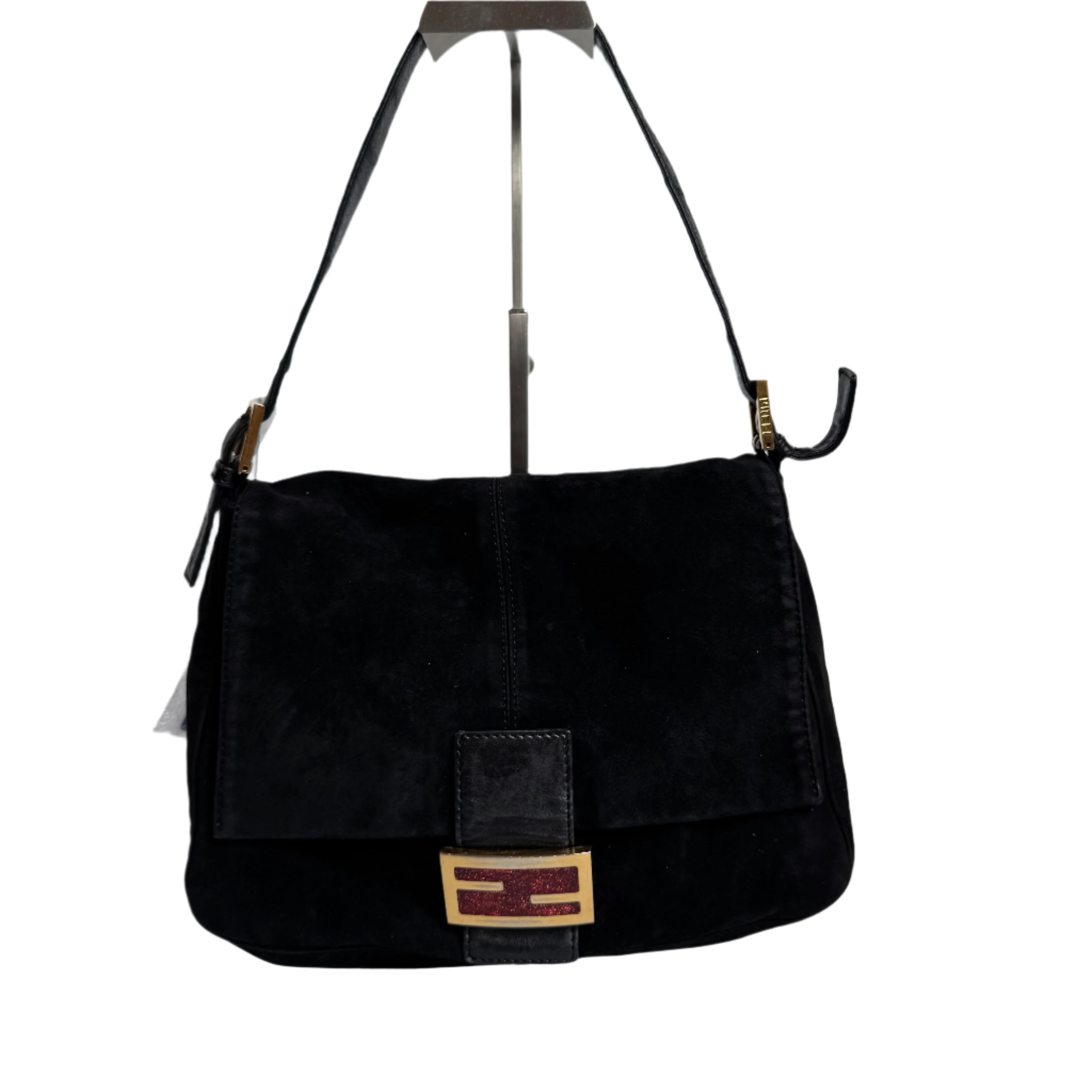 Fendi Mamma Baguette Black Suede Leather Red Buckle